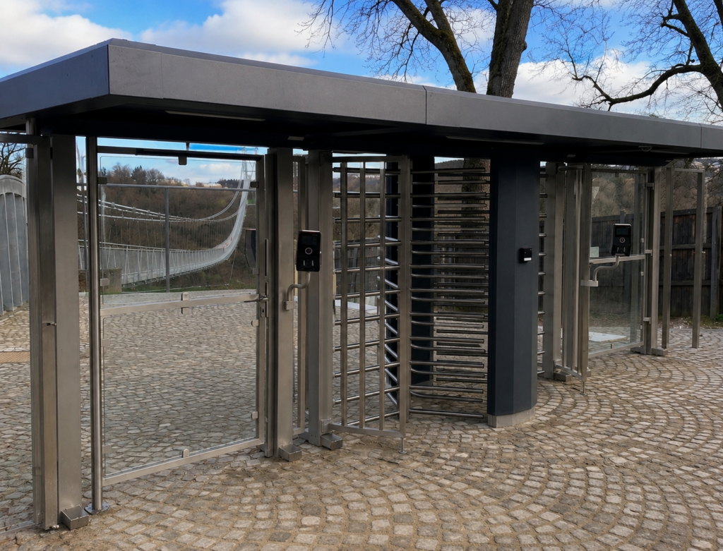 Eine moderne, überdachte Drehsperre für die Zutrittskontrolle im Vordergrund und eine lange Hängebrücke im Hintergrund.