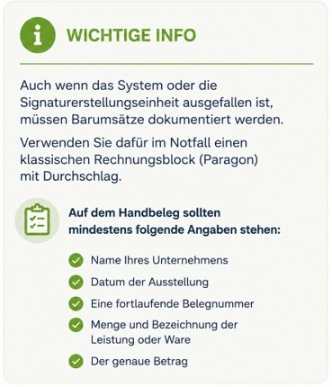 Übersicht der gesetzlichen Anforderungen bei einem Ausfall der Registrierkasse: Barumsätze müssen weiterhin erfasst und auf einem handschriftlichen Beleg dokumentiert werden.
